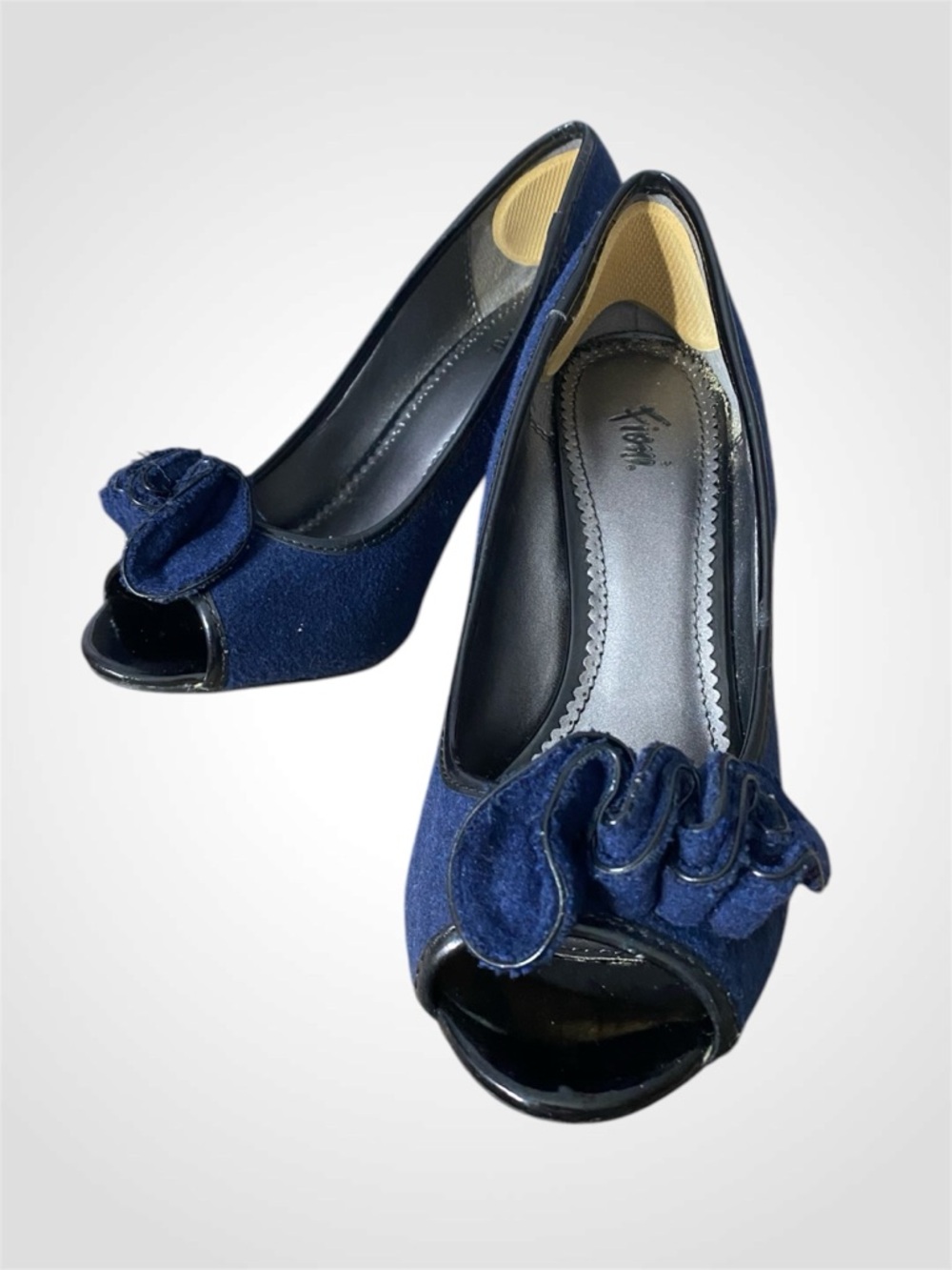 FIONI Clothing Navy Blue Peep-Toe Heels with Ruffle Accent